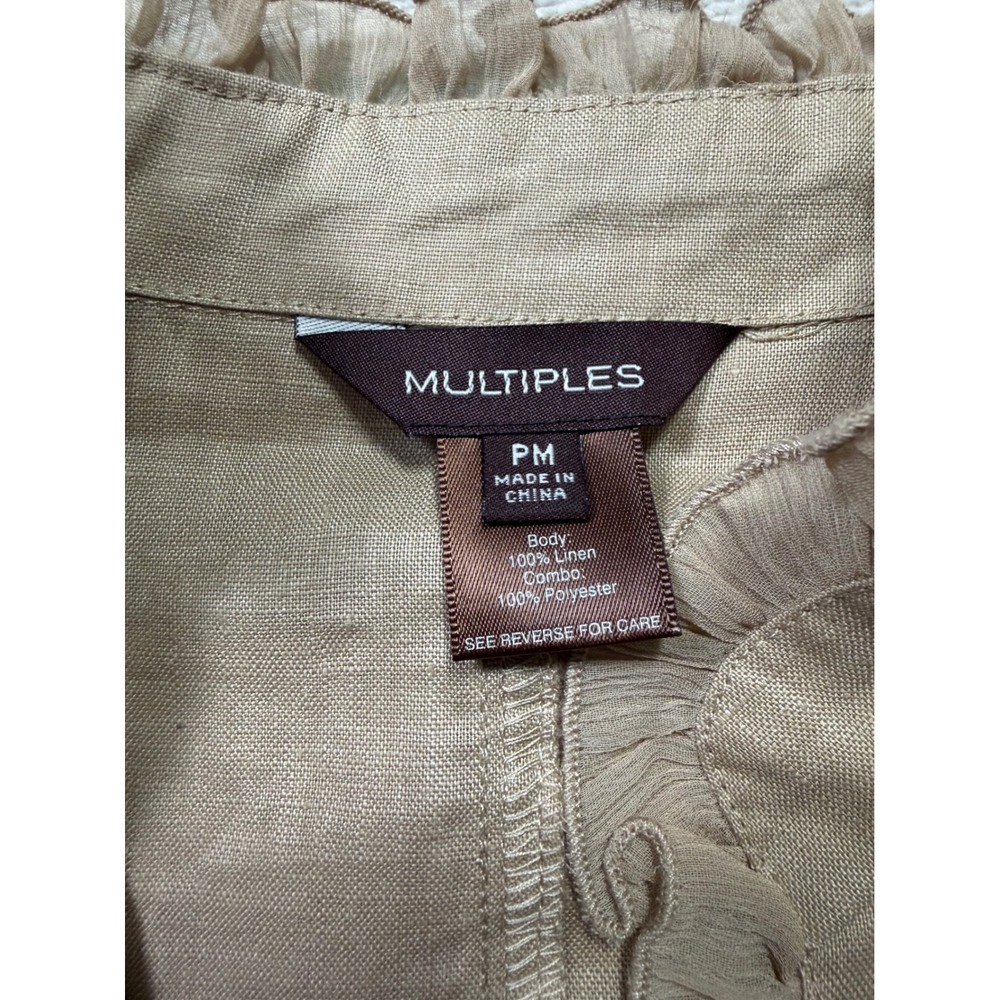 Multiples Linen Military Jacket Petite Medium Beige Ruffle Trim Open Front - Picture 3 of 5